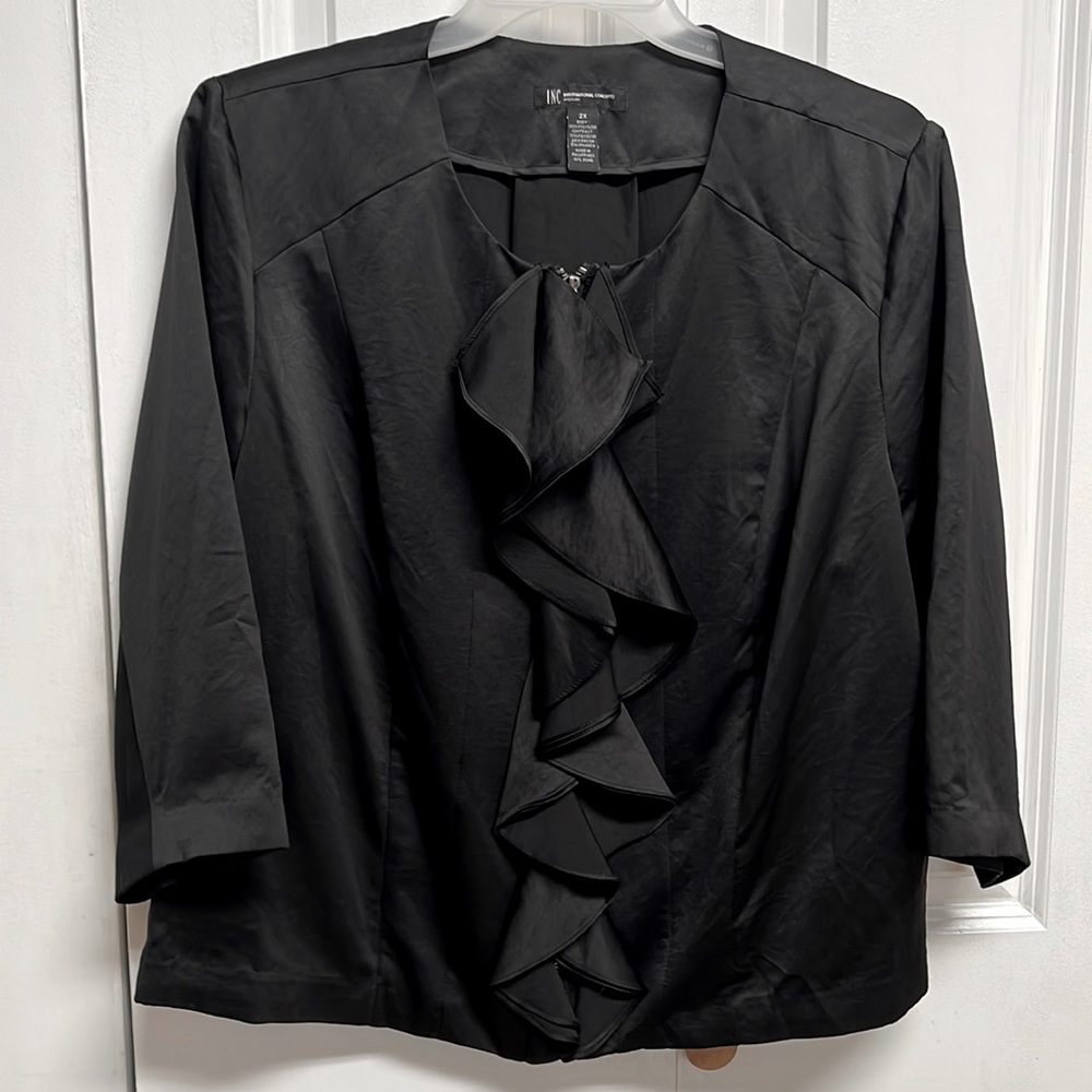 INC Concepts Black Satin Zipper Front Mid Sleeve Light Ruffle Jacket Size 2X